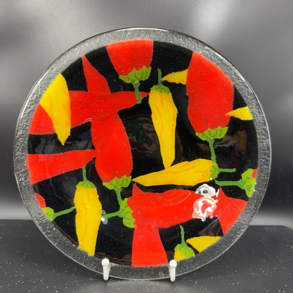 Fused Art Glass Chili Pepper‎ Bowl Red Yellow Black Southwestern Decor 10.5inch
